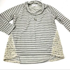 French Laundry striped lace inset cowl neck top